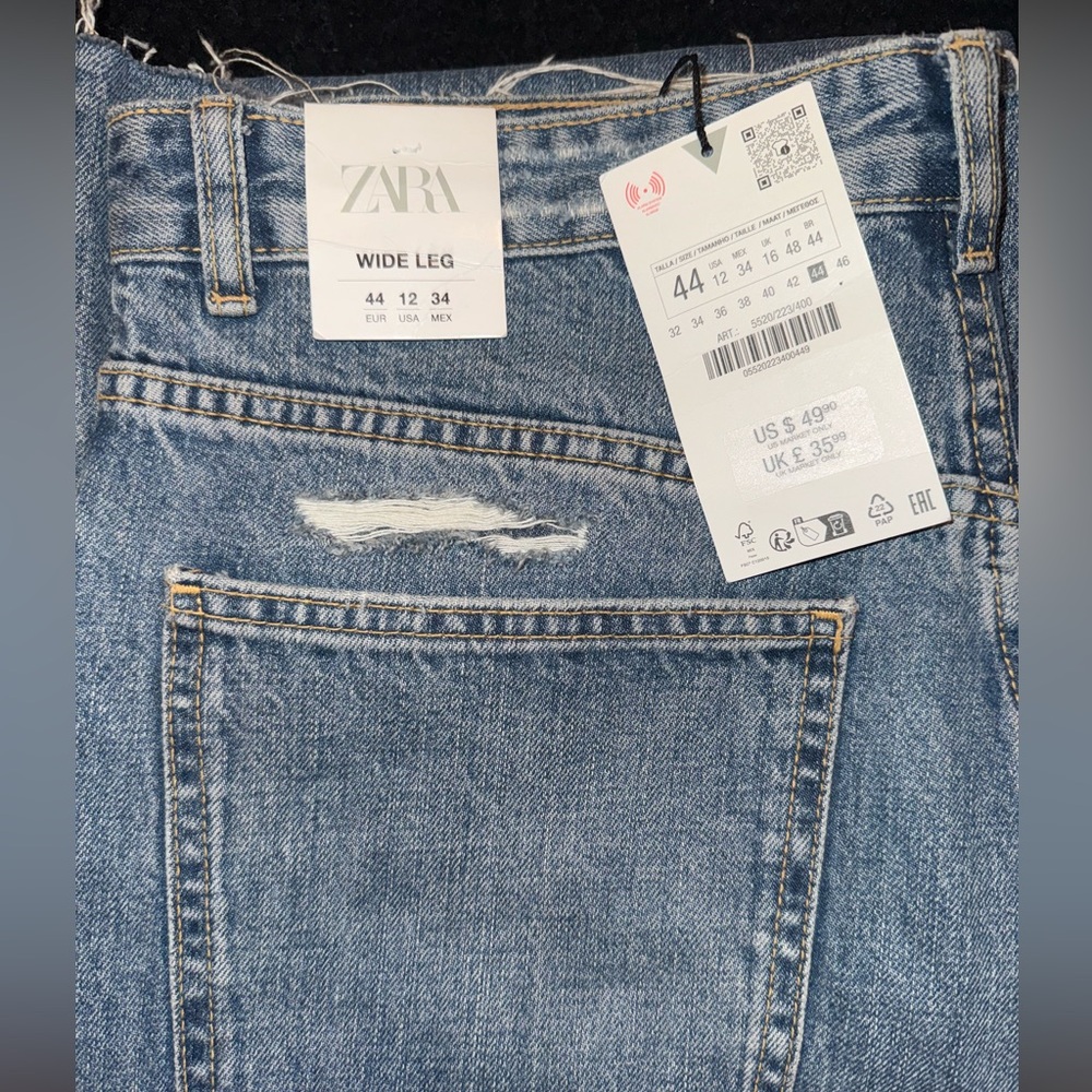 NWT Zara High-Rise Full Length Raw Hem Back Distressed Wide Leg Jeans Sz 12 - Picture 3 of 7